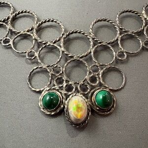 Artisan Silver Necklace with Green Malachite and Opal Accent